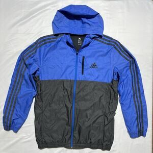 Adidas Blue Black Hooded Windbreaker Jacket Large Athleisure Colorblock 3 Strip